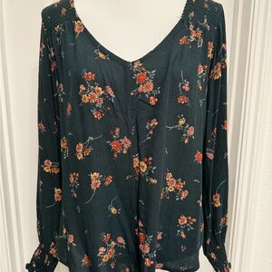 Floral Long Sleeve Blouse - Dark Green